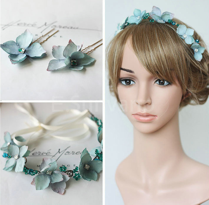 Elegant Bridal Crystal Bead Blue Simulation Flower Wedding Garland Frosted Headband Accessories
