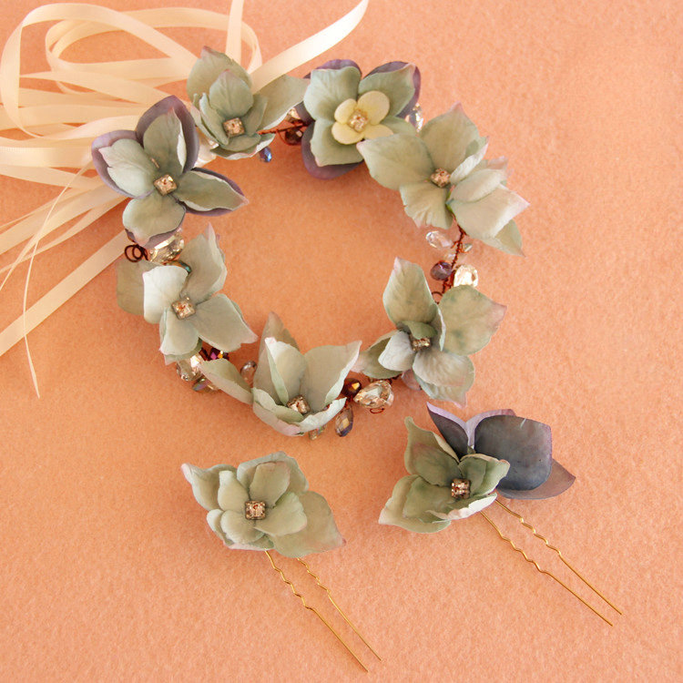 Elegant Bridal Crystal Bead Blue Simulation Flower Wedding Garland Frosted Headband Accessories