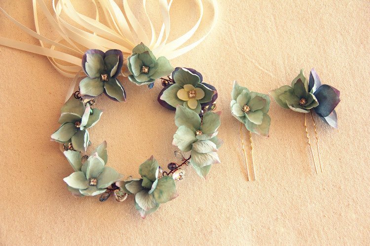 Elegant Bridal Crystal Bead Blue Simulation Flower Wedding Garland Frosted Headband Accessories