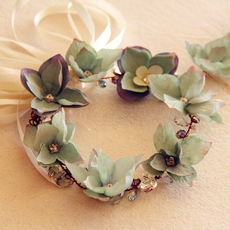 Elegant Bridal Crystal Bead Blue Simulation Flower Wedding Garland Frosted Headband Accessories