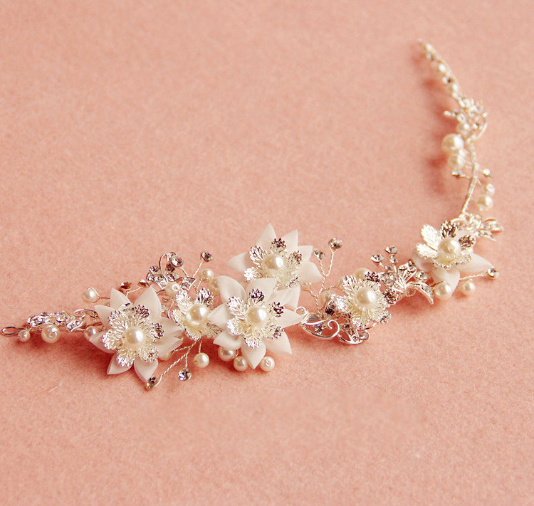 Elegant Bridal Sliver Pearl Crystal Flower Wedding Hairbands Women Frosted Hair Vine Accessories