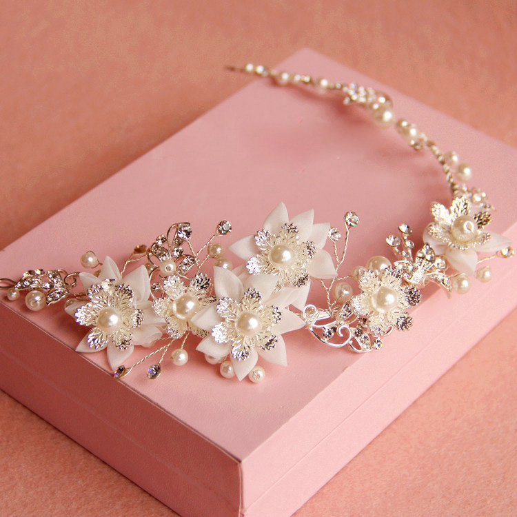 Elegant Bridal Sliver Pearl Crystal Flower Wedding Hairbands Women Frosted Hair Vine Accessories