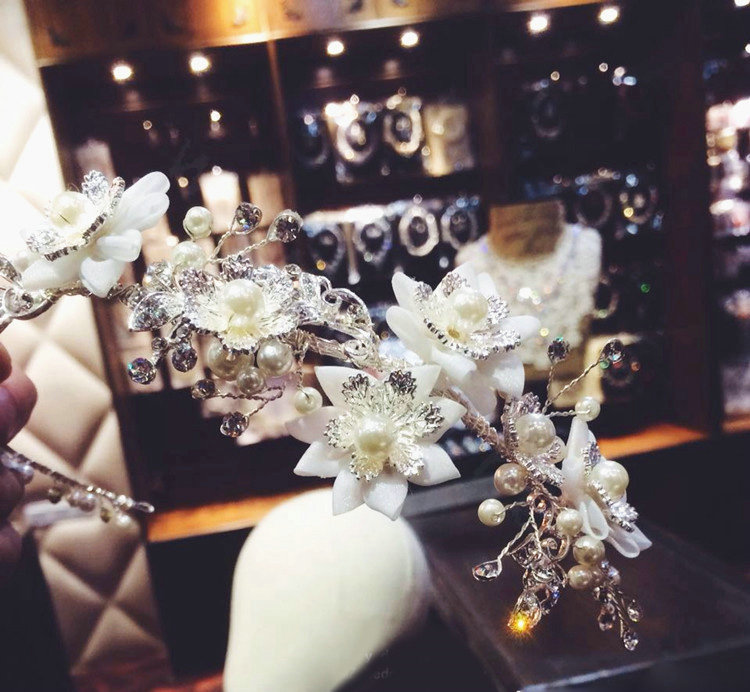 Elegant Bridal Sliver Pearl Crystal Flower Wedding Hairbands Women Frosted Hair Vine Accessories