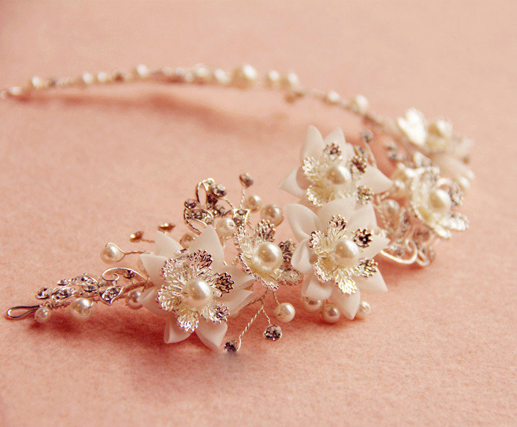 Elegant Bridal Sliver Pearl Crystal Flower Wedding Hairbands Women Frosted Hair Vine Accessories