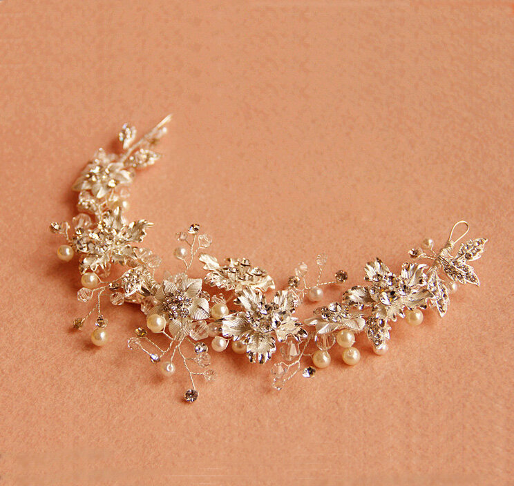 Elegant Bridal Sliver Pearl Crystal Flower Wedding Headpiece Women Soft Hair Vine Accessories