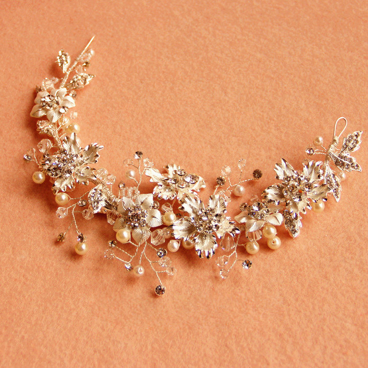 Elegant Bridal Sliver Pearl Crystal Flower Wedding Headpiece Women Soft Hair Vine Accessories