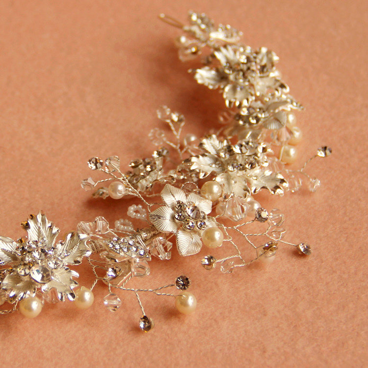 Elegant Bridal Sliver Pearl Crystal Flower Wedding Headpiece Women Soft Hair Vine Accessories