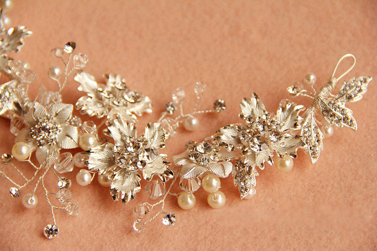 Elegant Bridal Sliver Pearl Crystal Flower Wedding Headpiece Women Soft Hair Vine Accessories