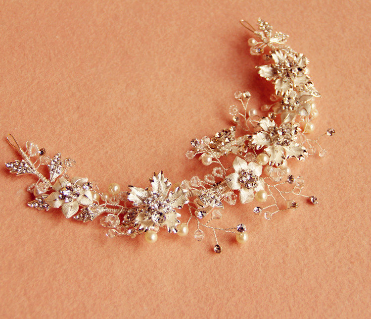 Elegant Bridal Sliver Pearl Crystal Flower Wedding Headpiece Women Soft Hair Vine Accessories