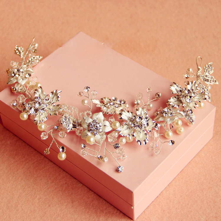 Elegant Bridal Sliver Pearl Crystal Flower Wedding Headpiece Women Soft Hair Vine Accessories