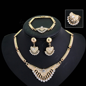 Elegant Fan-shaped Wedding Jewelry Sets Crystal Gold Plated Bridal Necklace Earrings Bracelet Ring 4pcs/set
