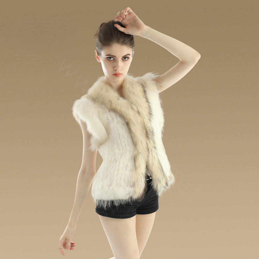 Elegant Genuine Knitted Rabbit Fur Waistcoat With Raccoon Fur Collar Women Warm Vest - Beige