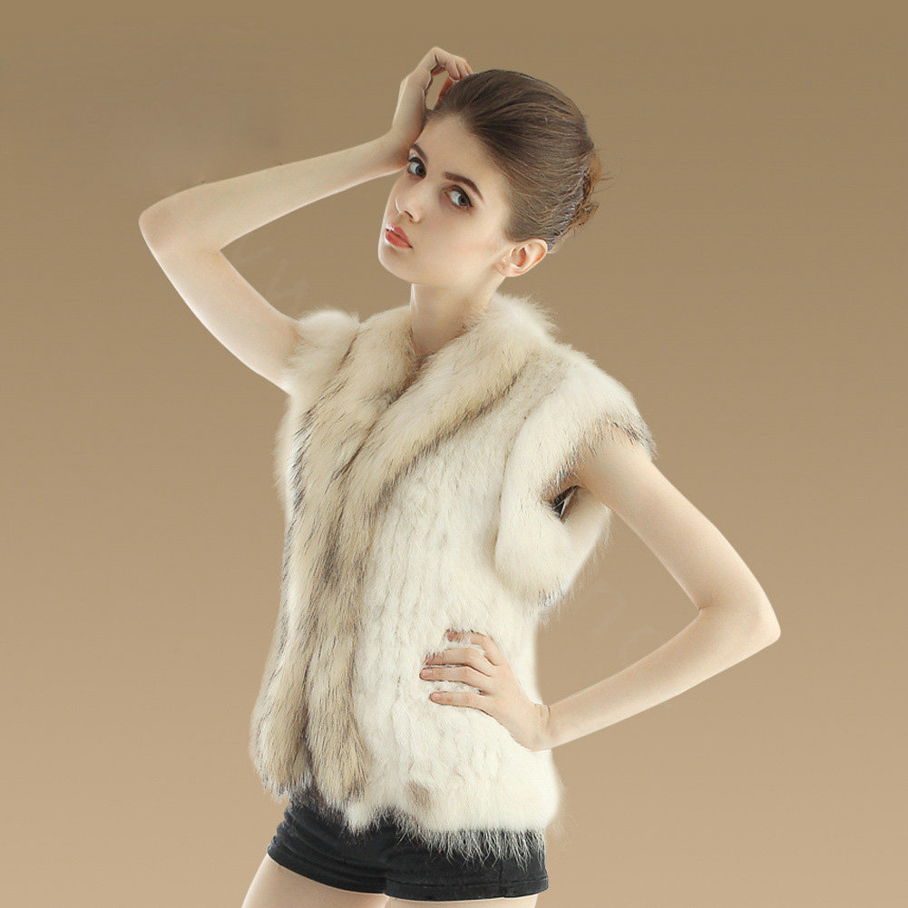 Elegant Genuine Knitted Rabbit Fur Waistcoat With Raccoon Fur Collar Women Warm Vest - Beige