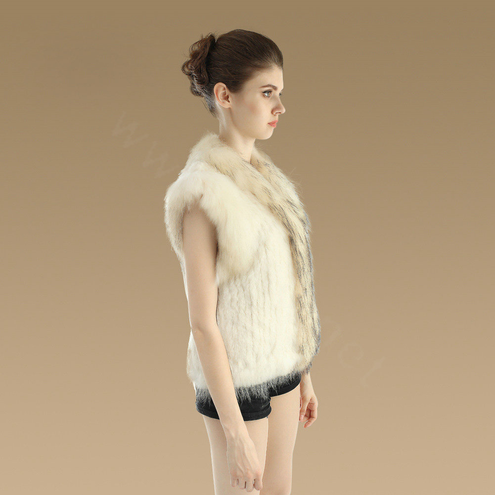 Elegant Genuine Knitted Rabbit Fur Waistcoat With Raccoon Fur Collar Women Warm Vest - Beige