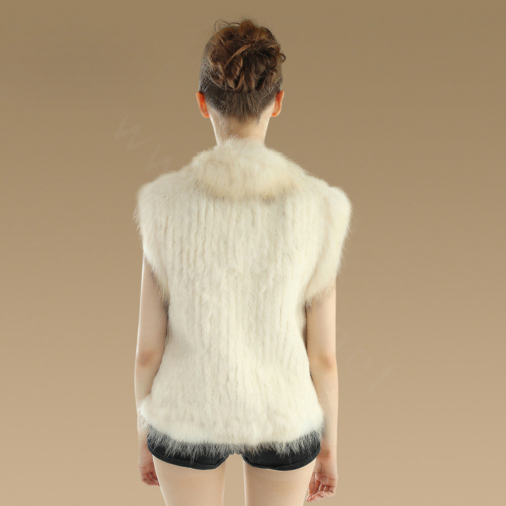 Elegant Genuine Knitted Rabbit Fur Waistcoat With Raccoon Fur Collar Women Warm Vest - Beige
