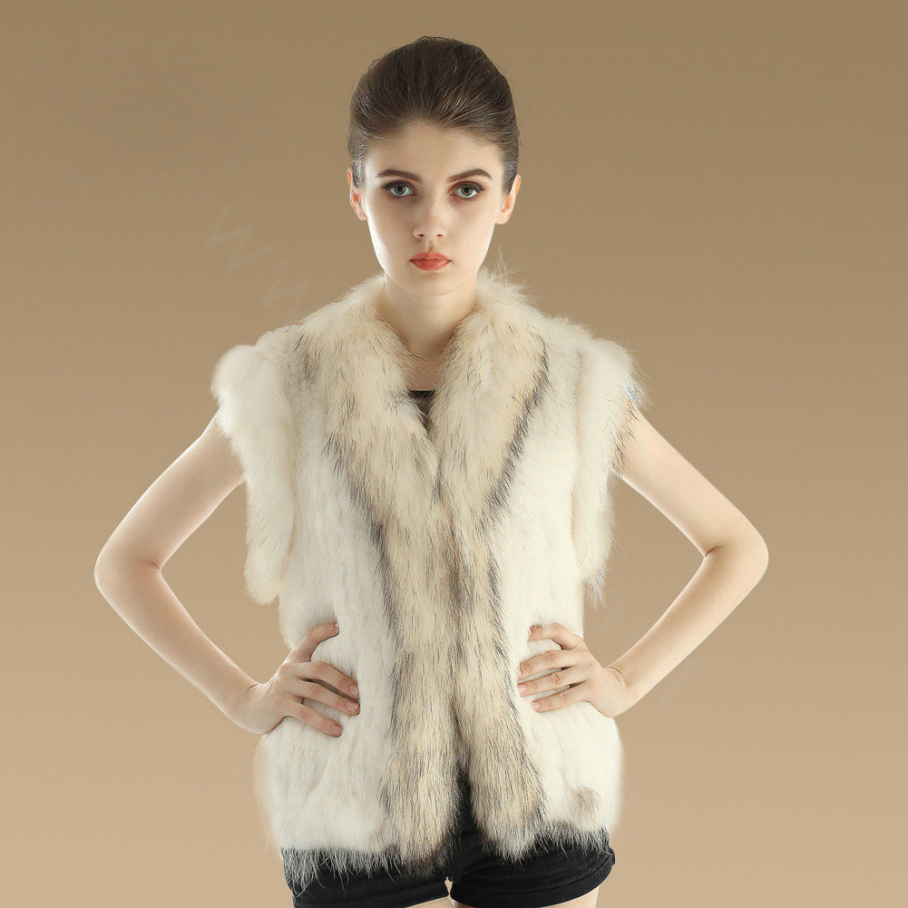 Elegant Genuine Knitted Rabbit Fur Waistcoat With Raccoon Fur Collar Women Warm Vest - Beige