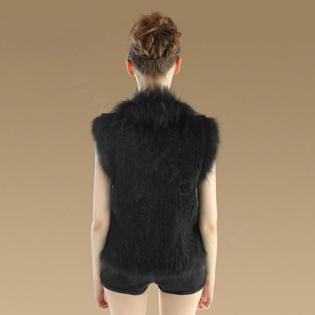 Elegant Genuine Knitted Rabbit Fur Waistcoat With Raccoon Fur Collar Women Warm Vest - Black