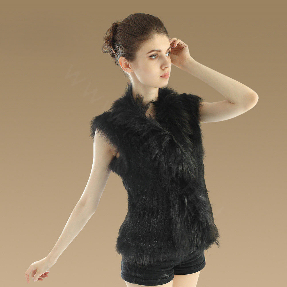 Elegant Genuine Knitted Rabbit Fur Waistcoat With Raccoon Fur Collar Women Warm Vest - Black