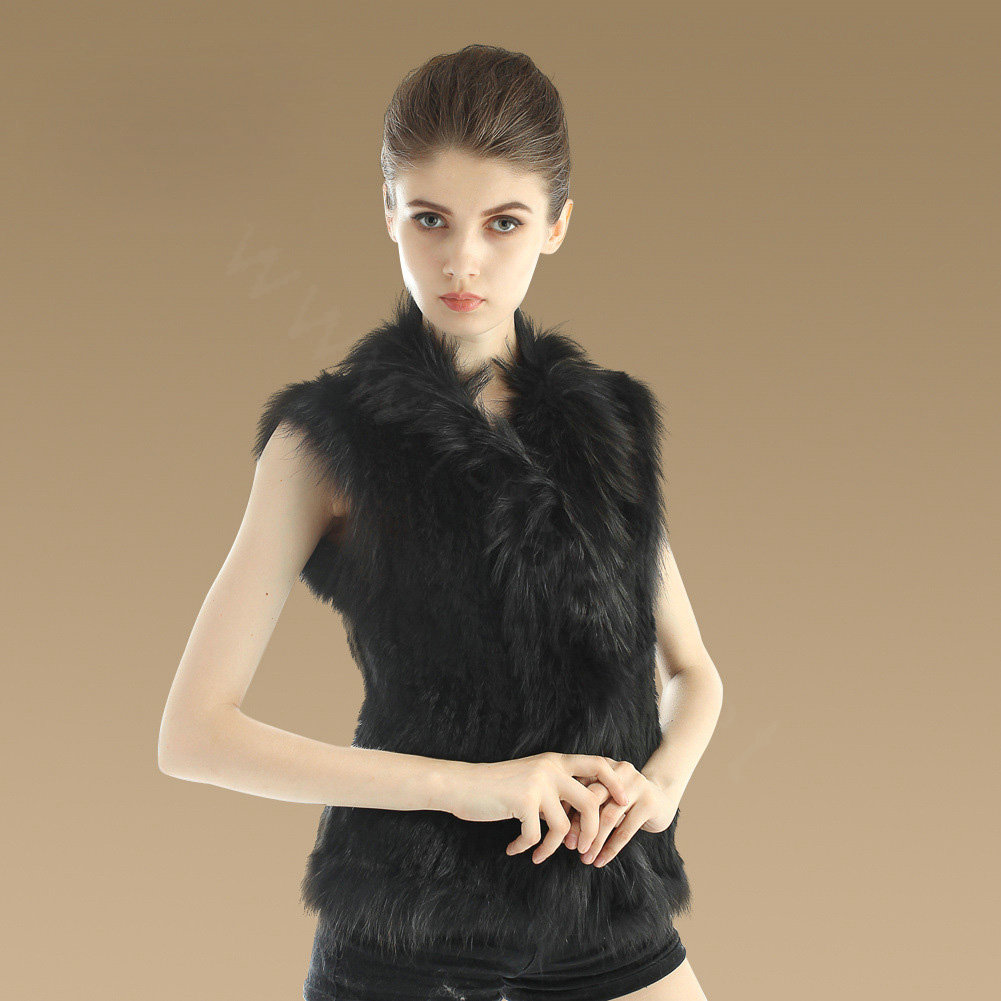 Elegant Genuine Knitted Rabbit Fur Waistcoat With Raccoon Fur Collar Women Warm Vest - Black