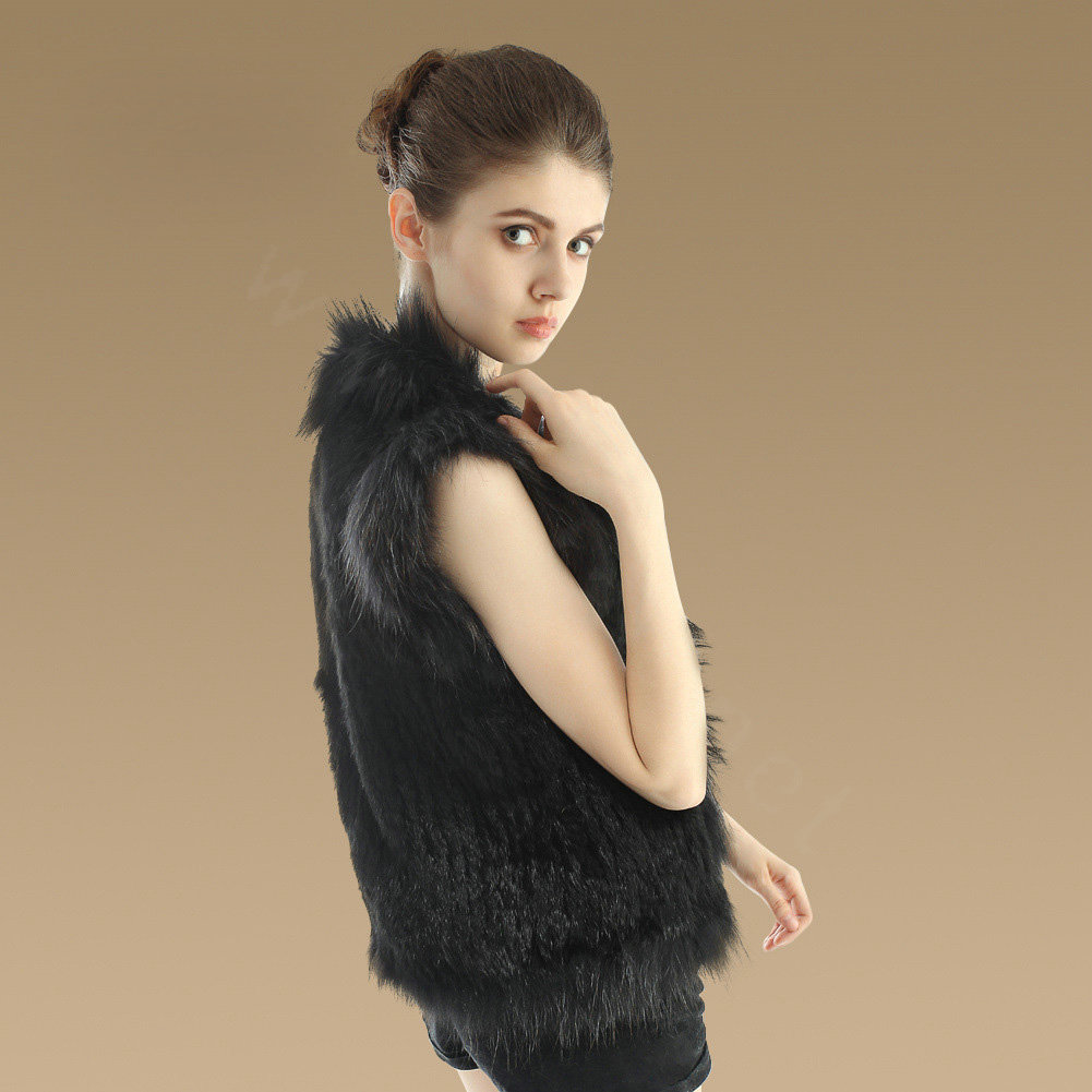 Elegant Genuine Knitted Rabbit Fur Waistcoat With Raccoon Fur Collar Women Warm Vest - Black