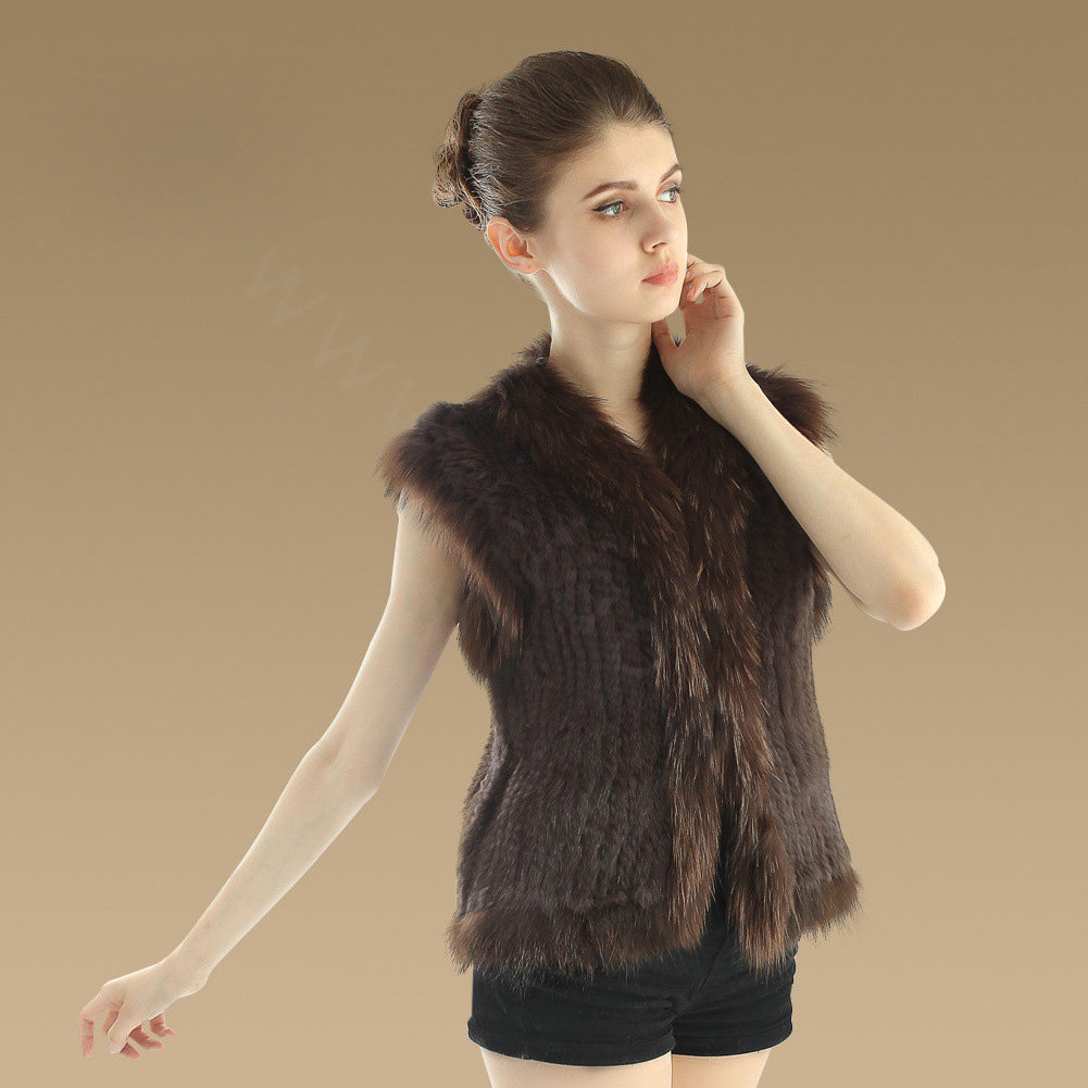 Elegant Genuine Knitted Rabbit Fur Waistcoat With Raccoon Fur Collar Women Warm Vest - Coffee