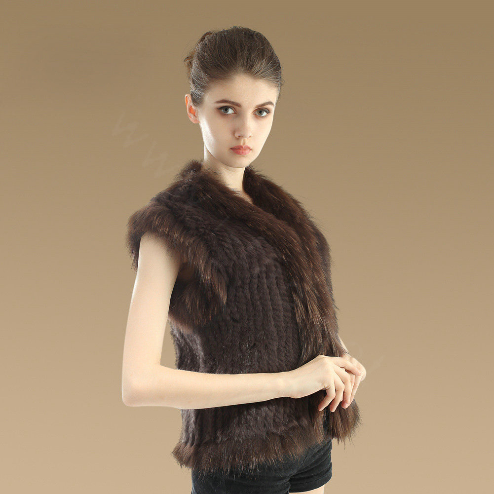 Elegant Genuine Knitted Rabbit Fur Waistcoat With Raccoon Fur Collar Women Warm Vest - Coffee