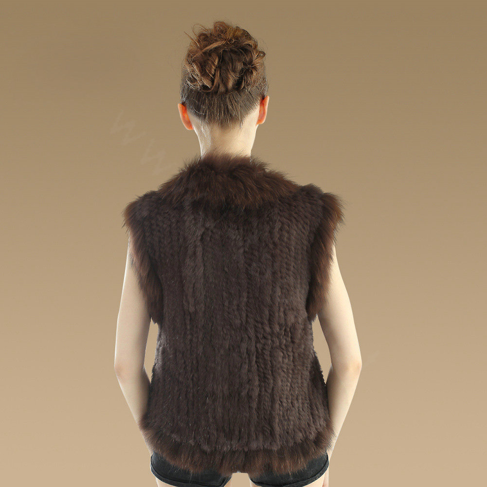 Elegant Genuine Knitted Rabbit Fur Waistcoat With Raccoon Fur Collar Women Warm Vest - Coffee