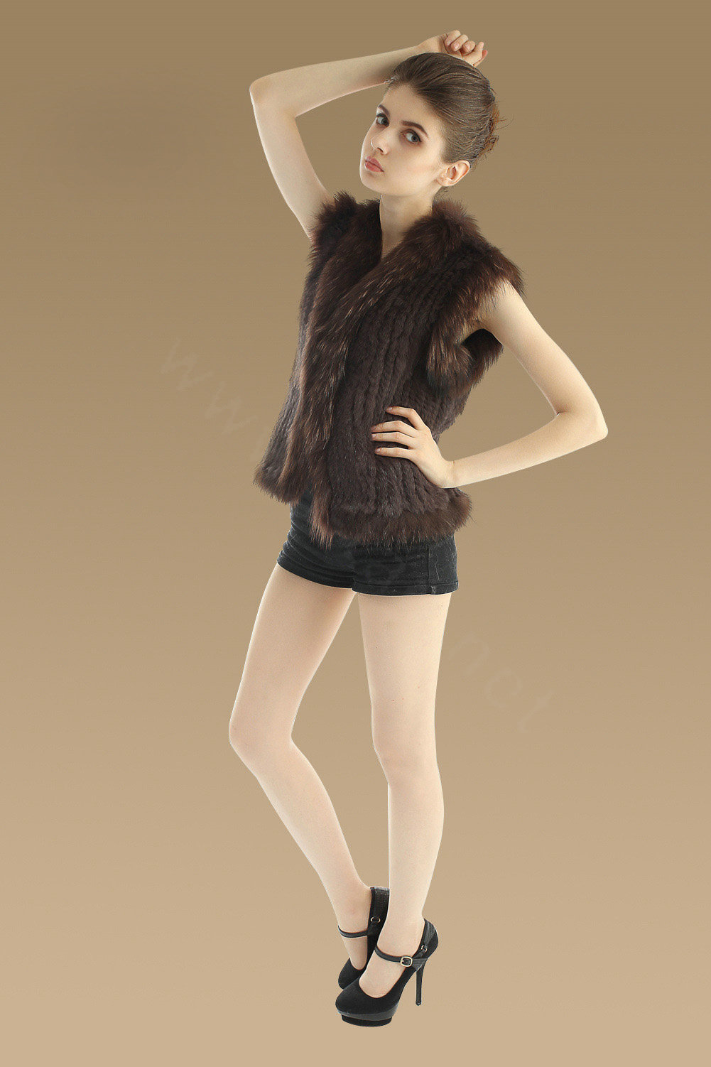 Elegant Genuine Knitted Rabbit Fur Waistcoat With Raccoon Fur Collar Women Warm Vest - Coffee
