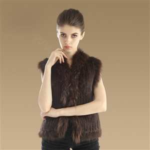 Elegant Genuine Knitted Rabbit Fur Waistcoat With Raccoon Fur Collar Women Warm Vest - Coffee