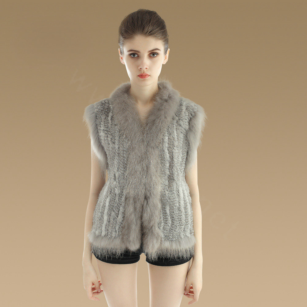 Elegant Genuine Knitted Rabbit Fur Waistcoat With Raccoon Fur Collar Women Warm Vest - Grey