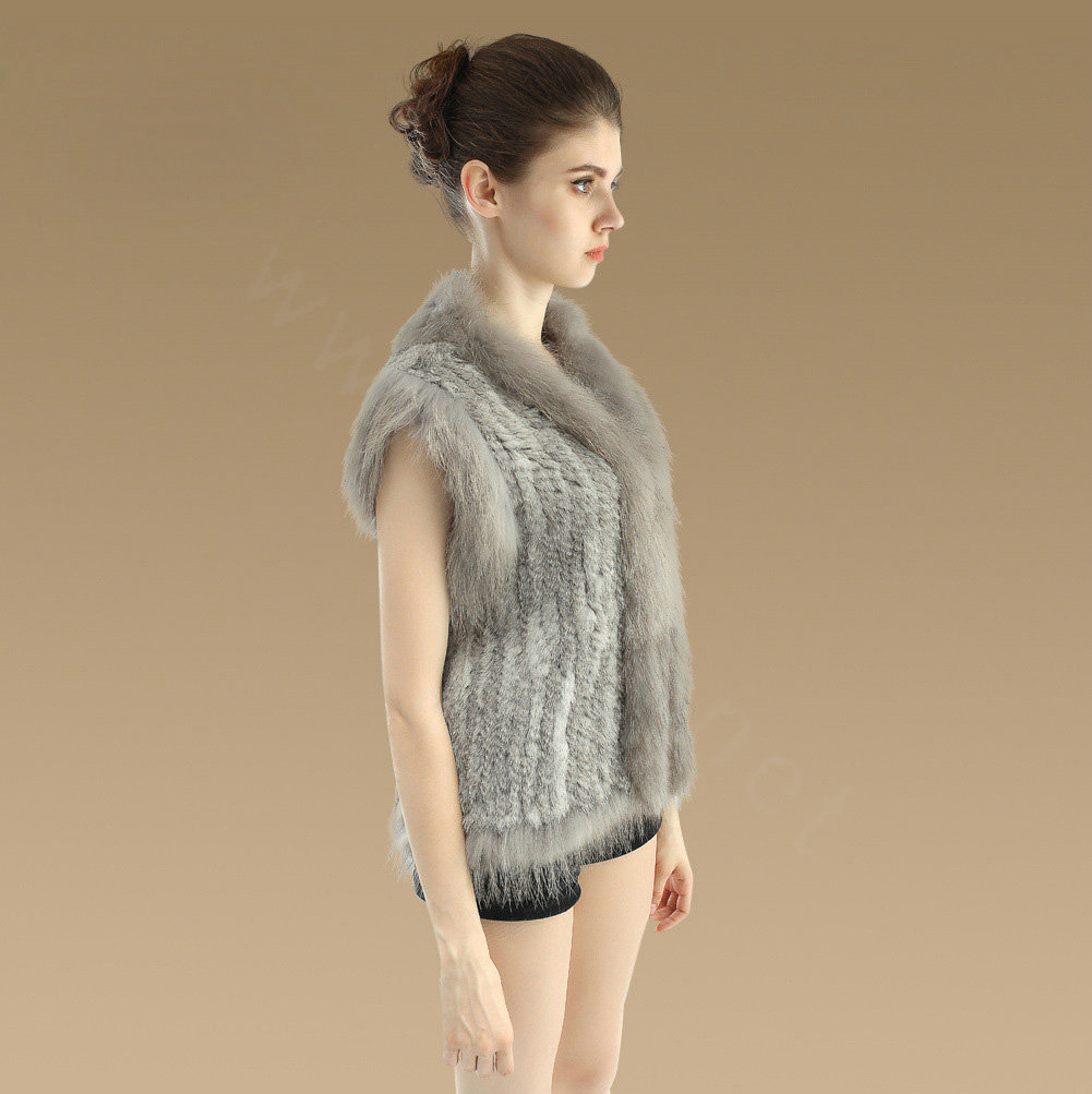 Elegant Genuine Knitted Rabbit Fur Waistcoat With Raccoon Fur Collar Women Warm Vest - Grey