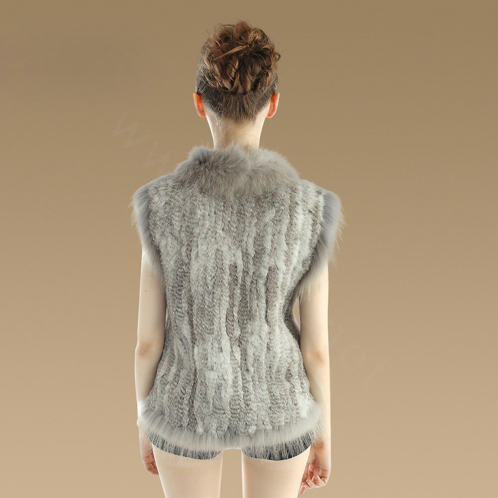 Elegant Genuine Knitted Rabbit Fur Waistcoat With Raccoon Fur Collar Women Warm Vest - Grey