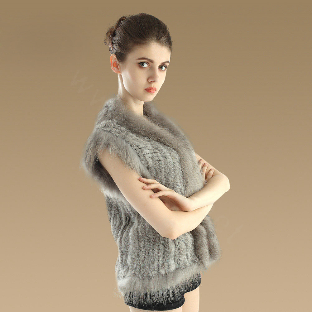 Elegant Genuine Knitted Rabbit Fur Waistcoat With Raccoon Fur Collar Women Warm Vest - Grey