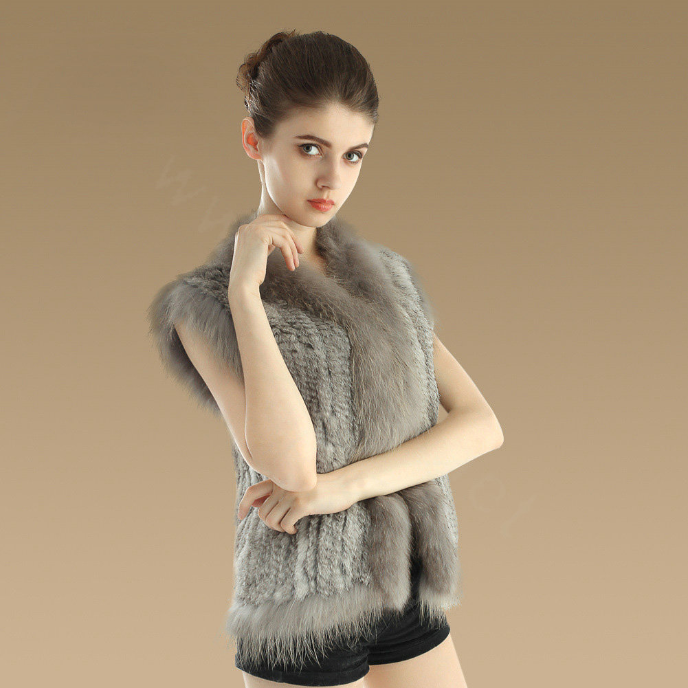 Elegant Genuine Knitted Rabbit Fur Waistcoat With Raccoon Fur Collar Women Warm Vest - Grey