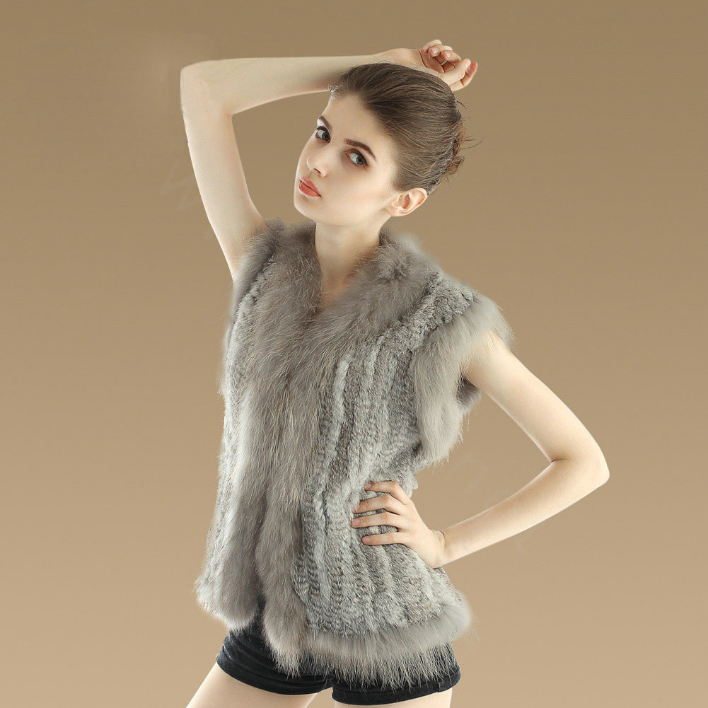 Elegant Genuine Knitted Rabbit Fur Waistcoat With Raccoon Fur Collar Women Warm Vest - Grey