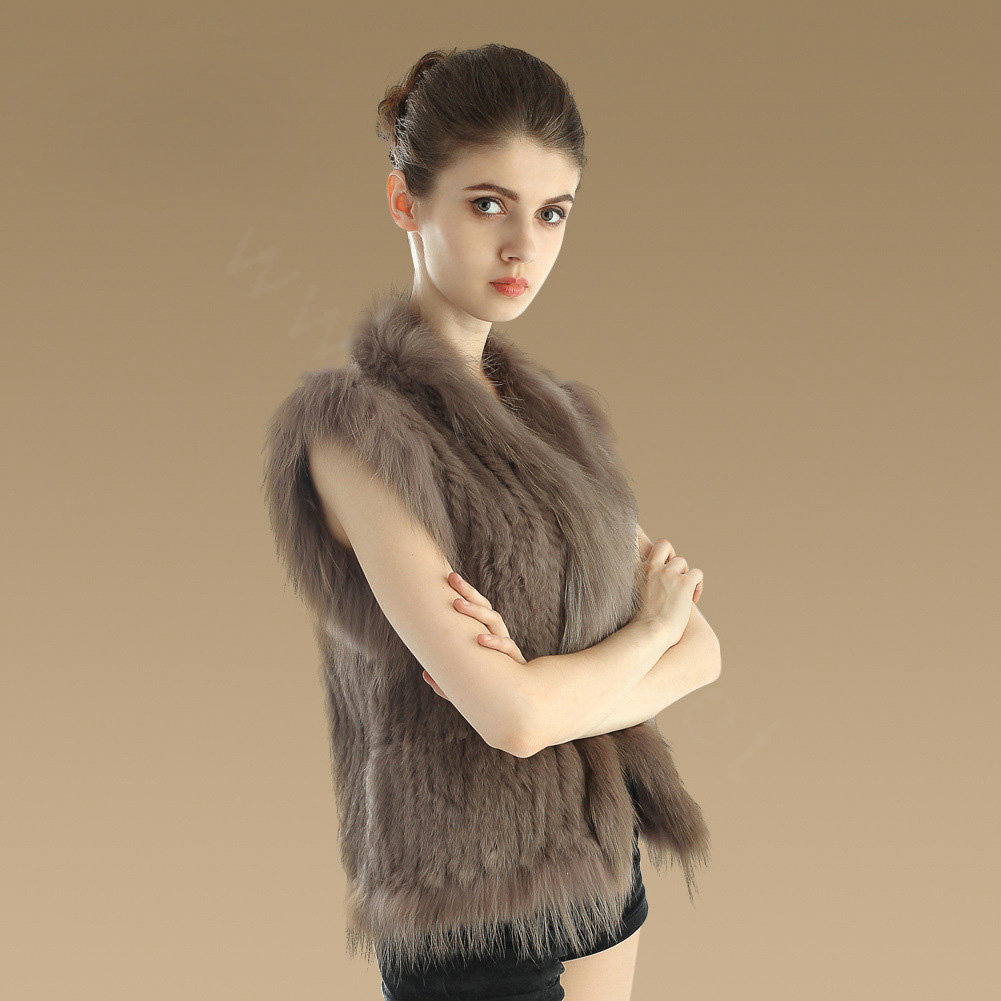 Elegant Genuine Knitted Rabbit Fur Waistcoat With Raccoon Fur Collar Women Warm Vest - Khaki