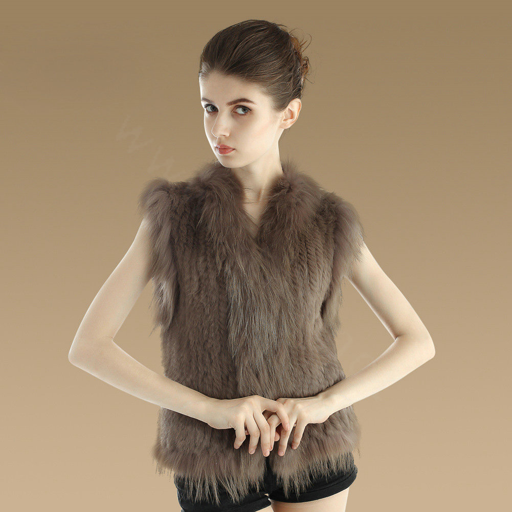 Elegant Genuine Knitted Rabbit Fur Waistcoat With Raccoon Fur Collar Women Warm Vest - Khaki
