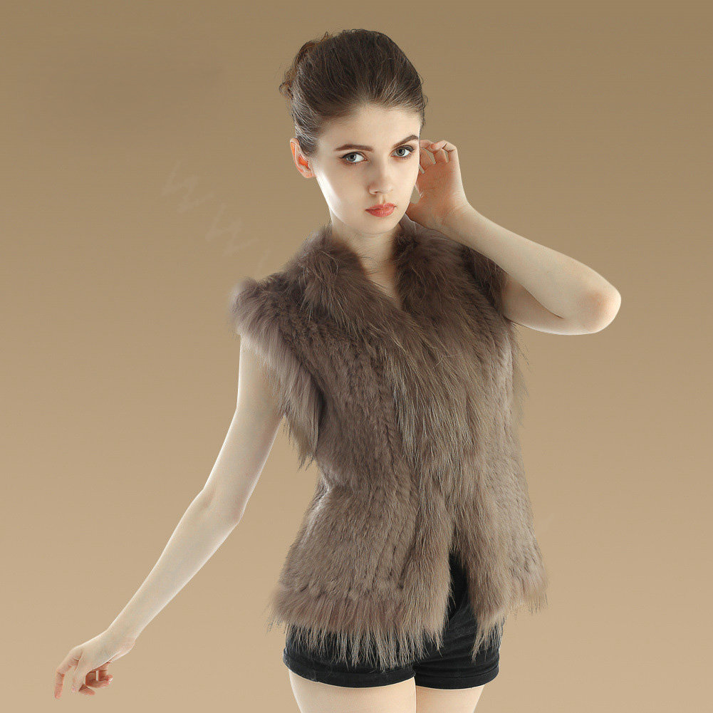 Elegant Genuine Knitted Rabbit Fur Waistcoat With Raccoon Fur Collar Women Warm Vest - Khaki