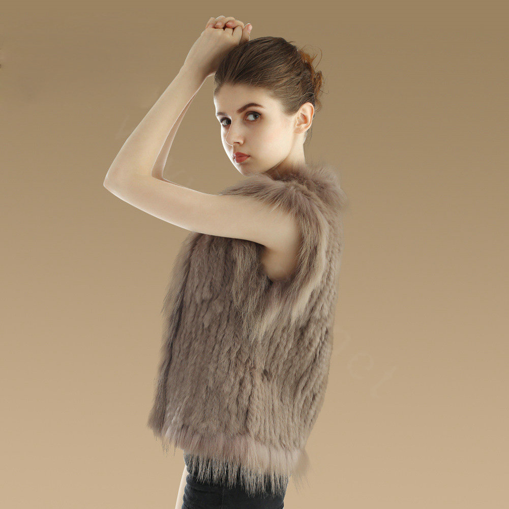Elegant Genuine Knitted Rabbit Fur Waistcoat With Raccoon Fur Collar Women Warm Vest - Khaki