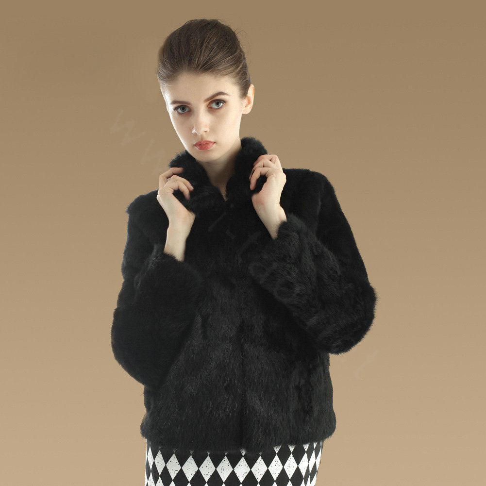 Elegant Genuine Natural Rabbit Fur Coat Women Short Winter Warm Stand Collar Fur Outwear - Black