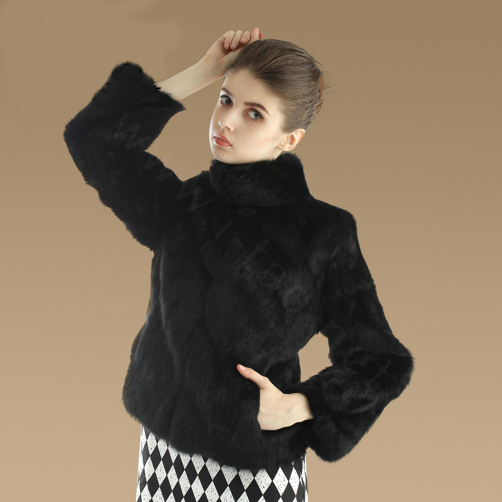 Elegant Genuine Natural Rabbit Fur Coat Women Short Winter Warm Stand Collar Fur Outwear - Black