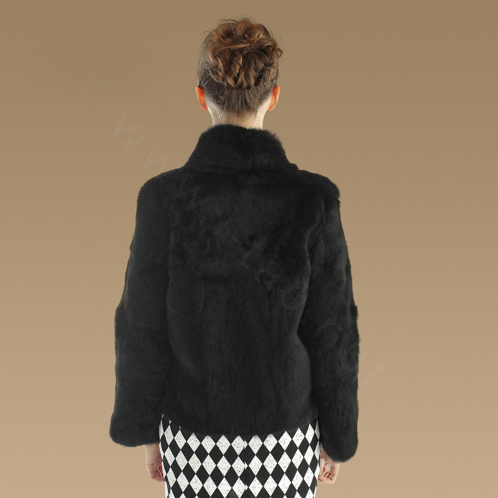 Elegant Genuine Natural Rabbit Fur Coat Women Short Winter Warm Stand Collar Fur Outwear - Black