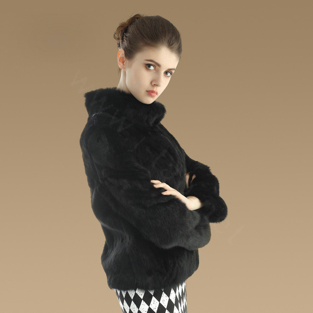 Elegant Genuine Natural Rabbit Fur Coat Women Short Winter Warm Stand Collar Fur Outwear - Black