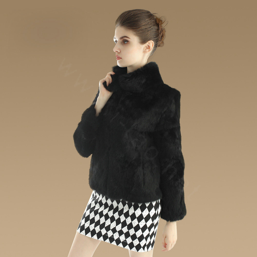 Elegant Genuine Natural Rabbit Fur Coat Women Short Winter Warm Stand Collar Fur Outwear - Black