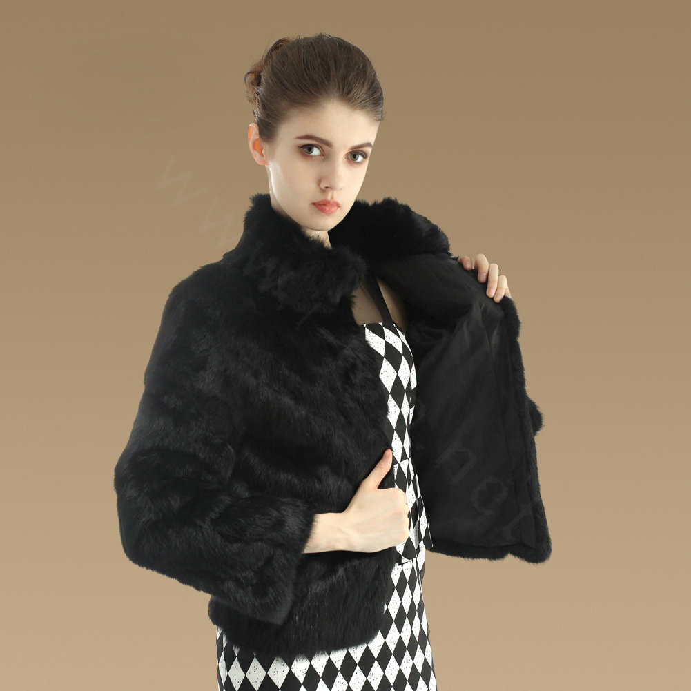 Elegant Genuine Natural Rabbit Fur Coat Women Short Winter Warm Stand Collar Fur Outwear - Black