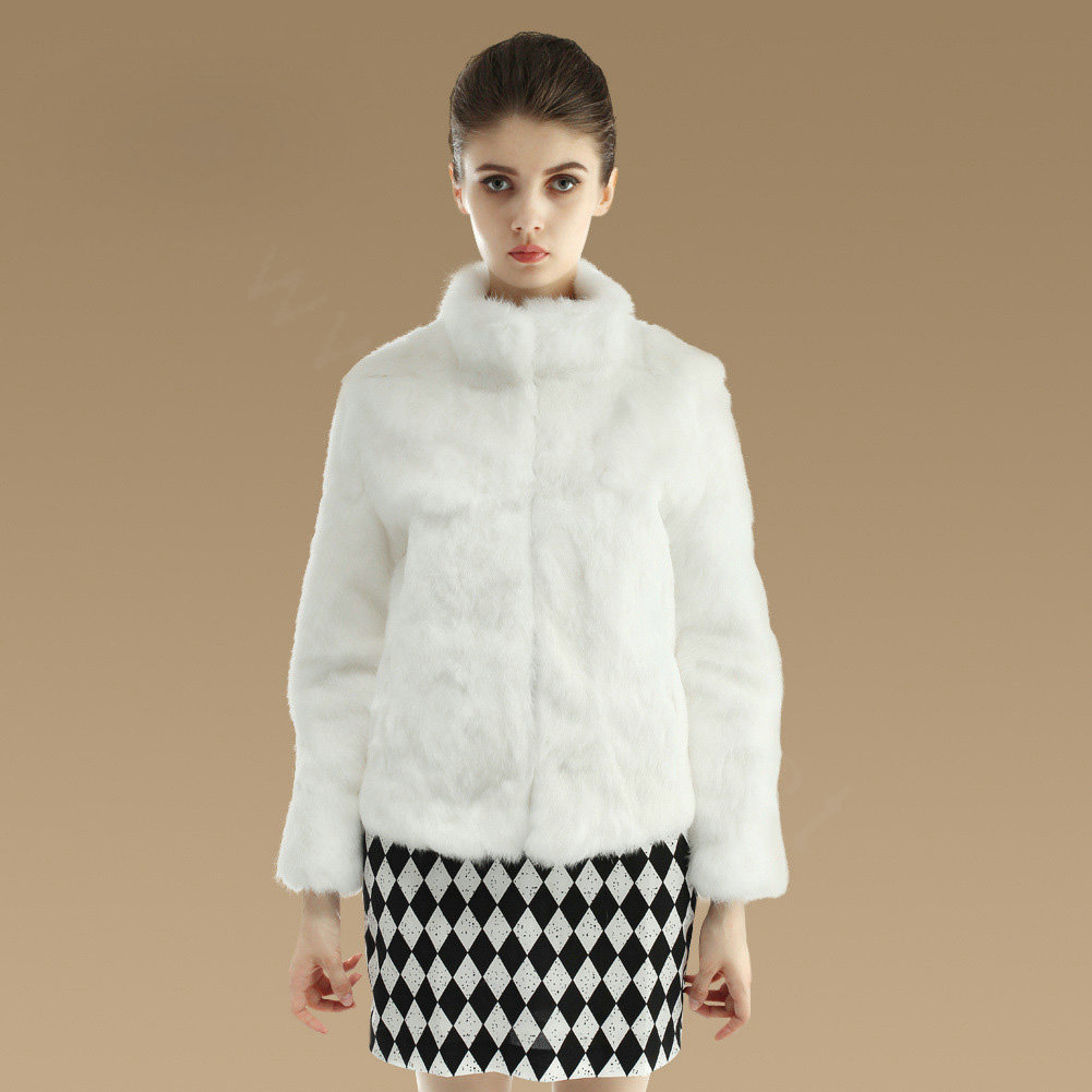Elegant Genuine Natural Rabbit Fur Coat Women Short Winter Warm Stand Collar Fur Outwear - White
