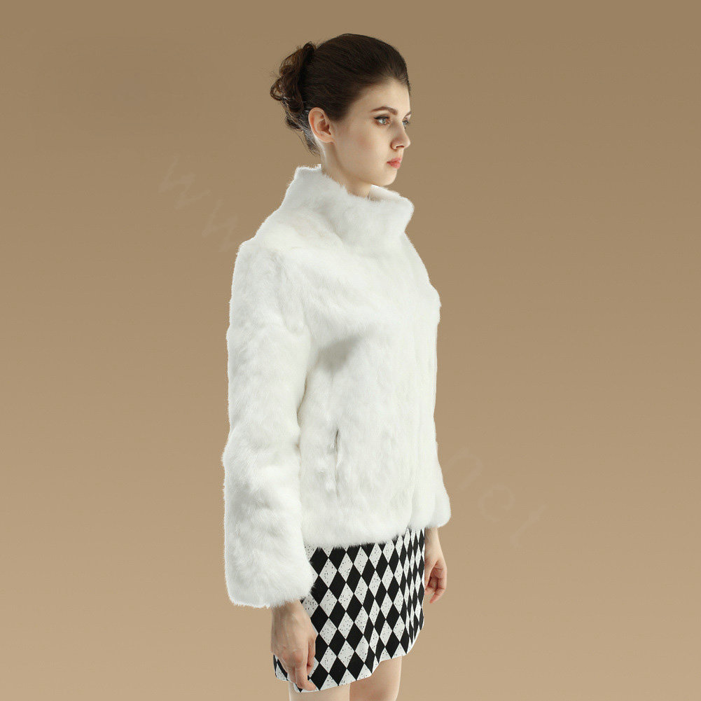 Elegant Genuine Natural Rabbit Fur Coat Women Short Winter Warm Stand Collar Fur Outwear - White