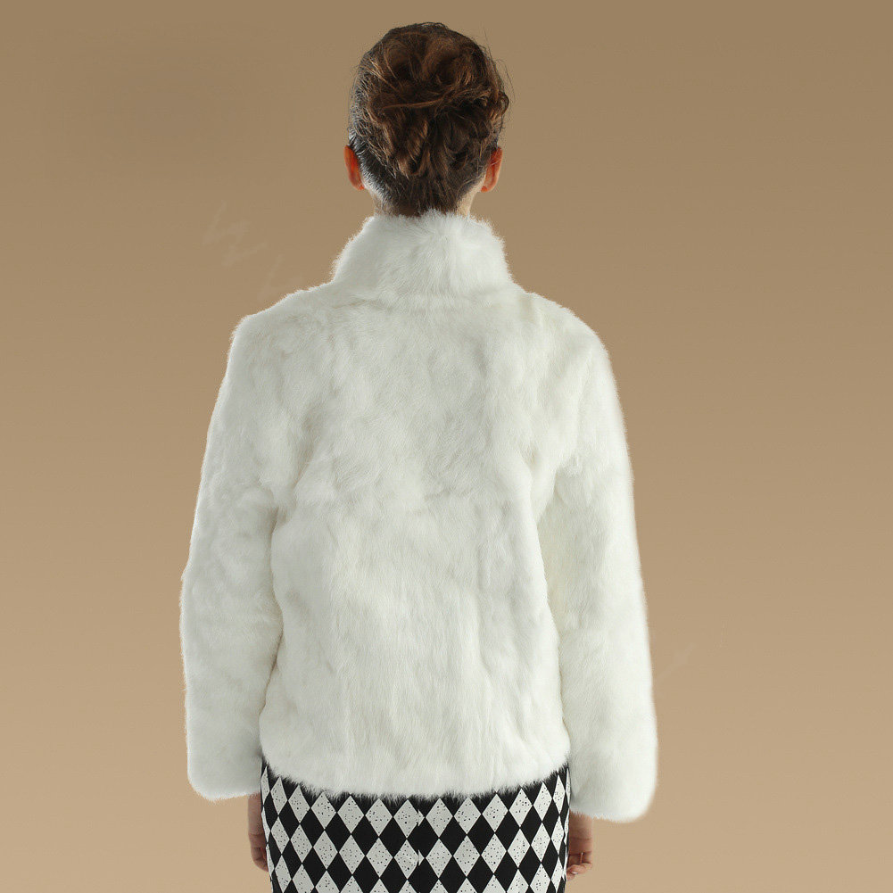 Elegant Genuine Natural Rabbit Fur Coat Women Short Winter Warm Stand Collar Fur Outwear - White