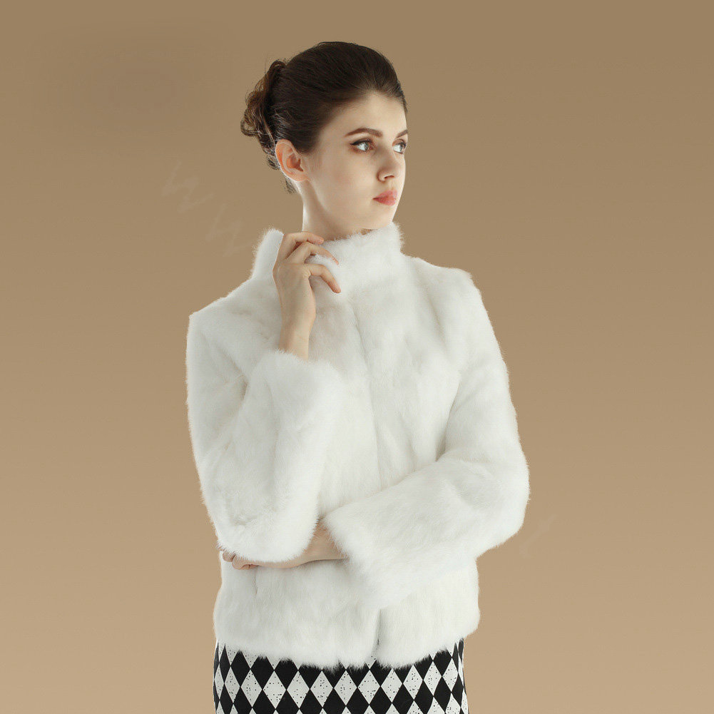 Elegant Genuine Natural Rabbit Fur Coat Women Short Winter Warm Stand Collar Fur Outwear - White