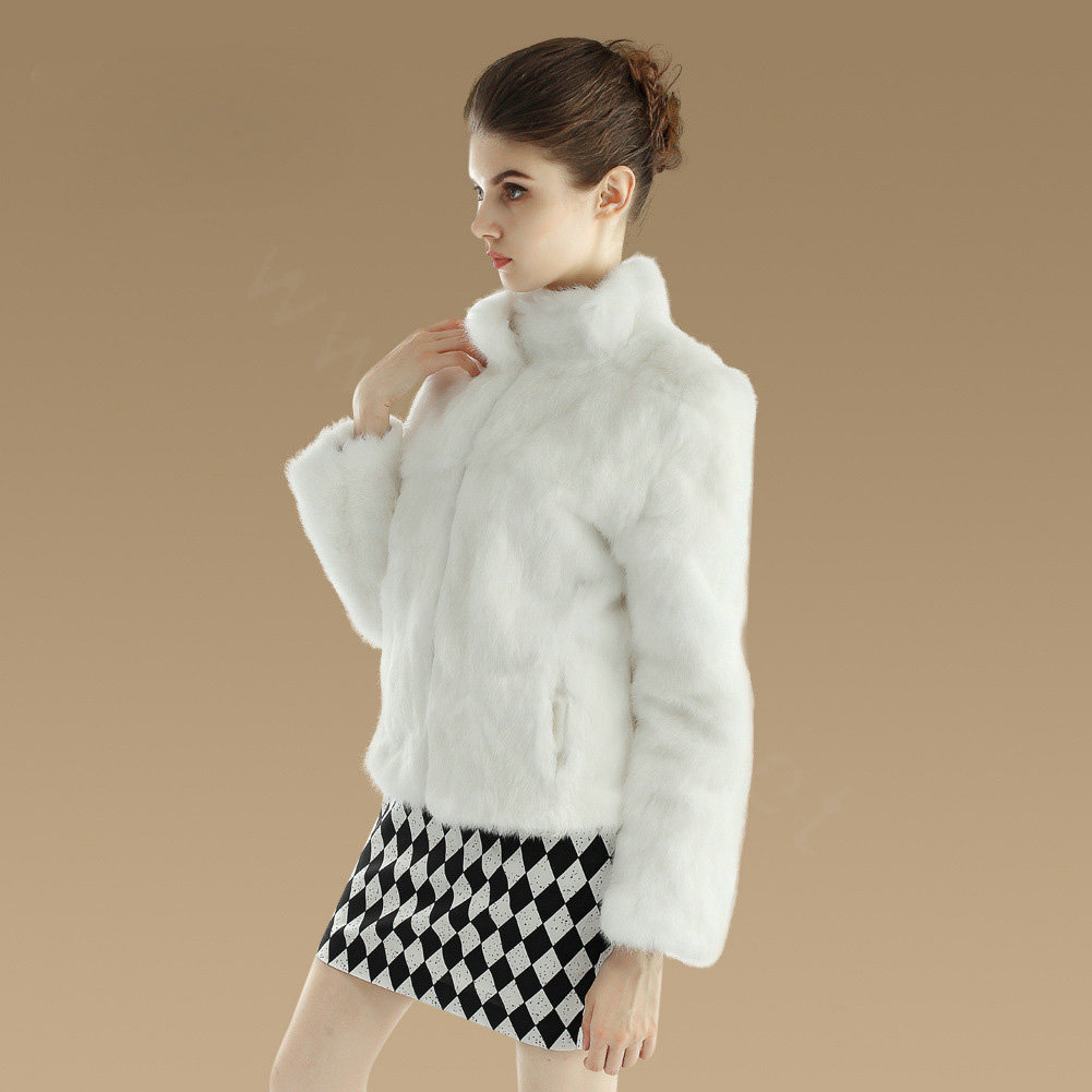 Elegant Genuine Natural Rabbit Fur Coat Women Short Winter Warm Stand Collar Fur Outwear - White